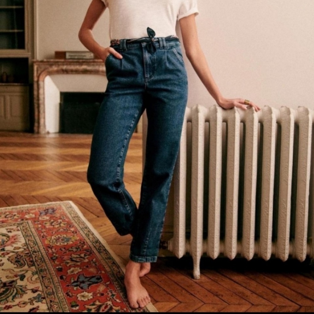 Sezane Manu Denim Trouser Jeans Slouchy Straight Pintuck Size 42 U.S Size 10